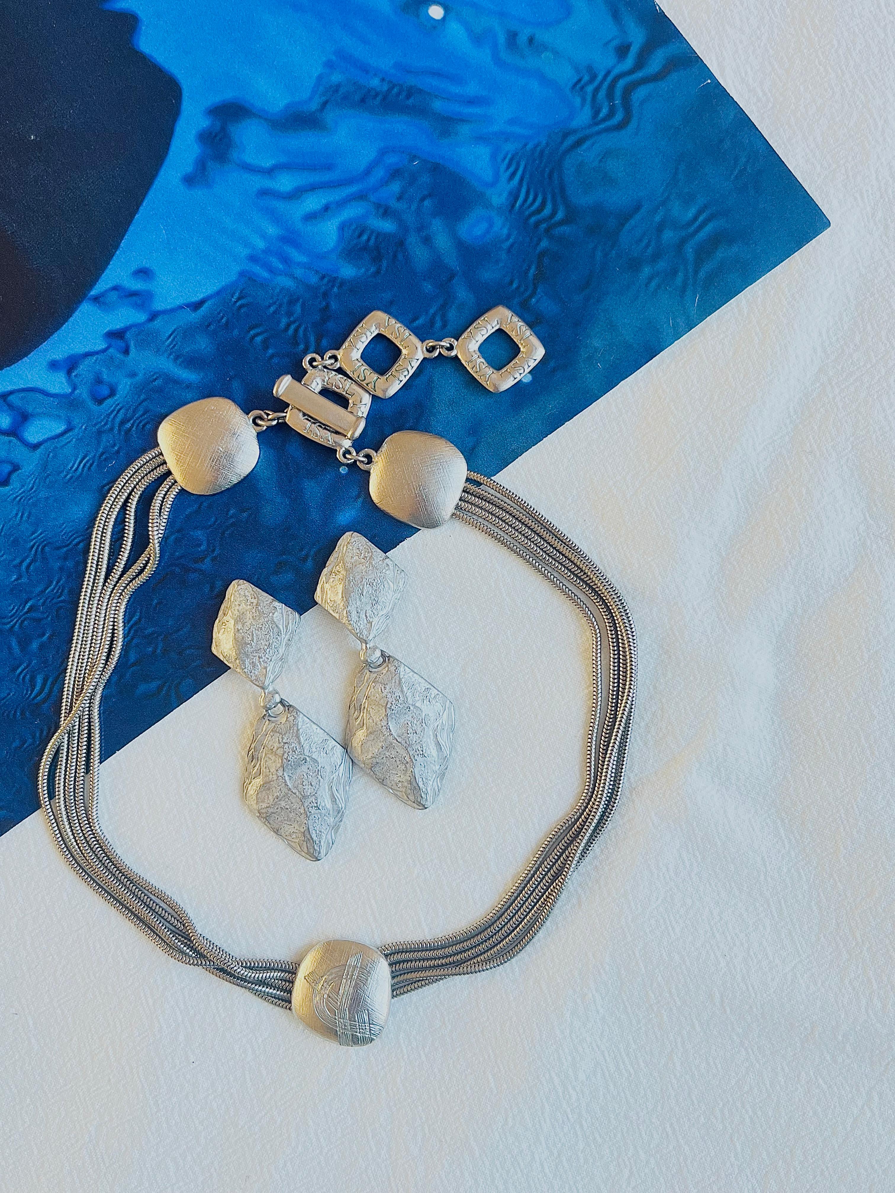 Yves Saint Laurent YSL Vintage Logo Layers Square Drop Earrings Silver Necklace In Excellent Condition For Sale In Wokingham, England