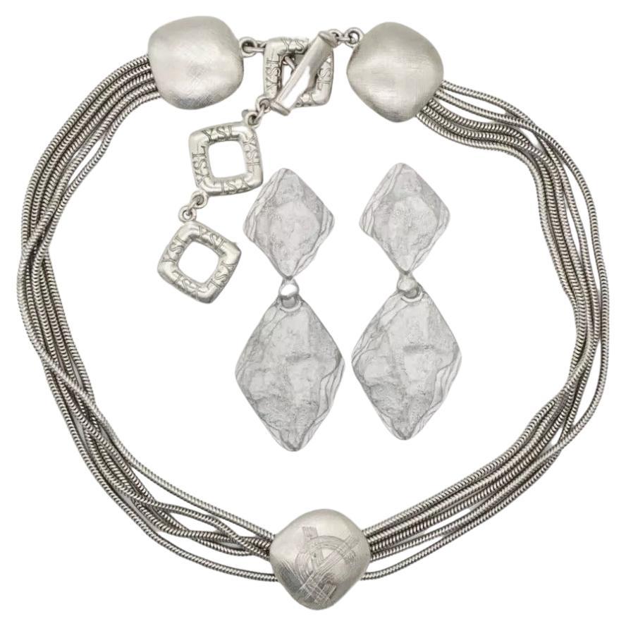 Yves Saint Laurent YSL Vintage Logo Layers Square Drop Earrings Silver Necklace For Sale