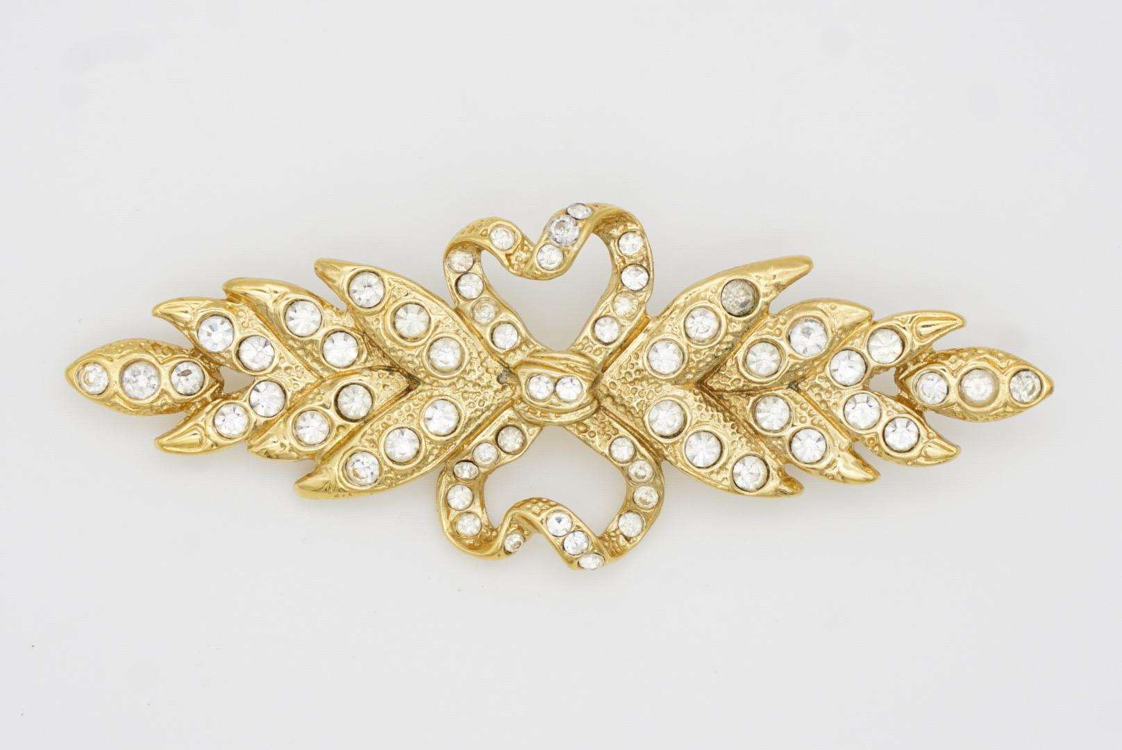 Yves Saint Laurent YSL Vintage Long Leaf Feather Bow Heart Crystals Gold Brooch For Sale 5
