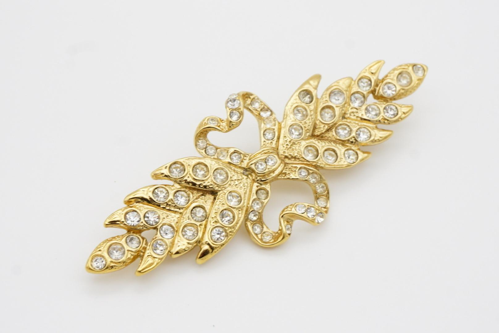 Yves Saint Laurent YSL Vintage Long Leaf Feather Bow Heart Crystals Gold Brooch For Sale 6