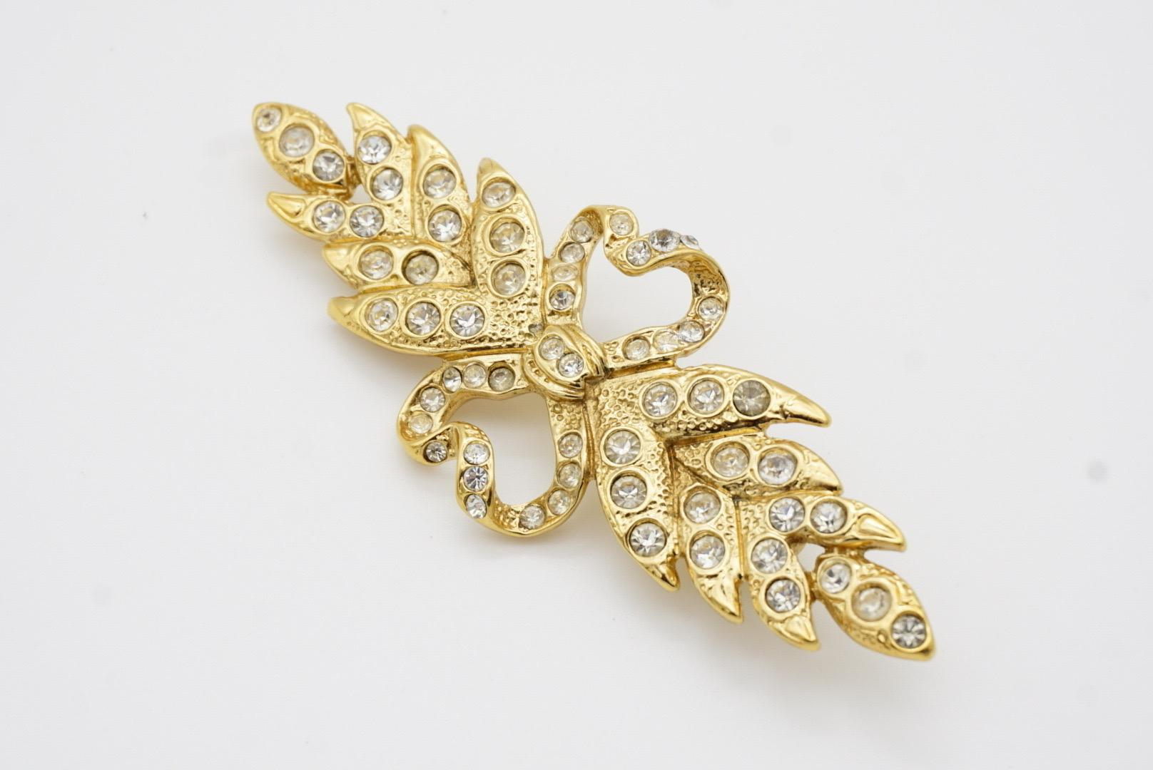 Yves Saint Laurent YSL Vintage Long Leaf Feather Bow Heart Crystals Gold Brooch 7