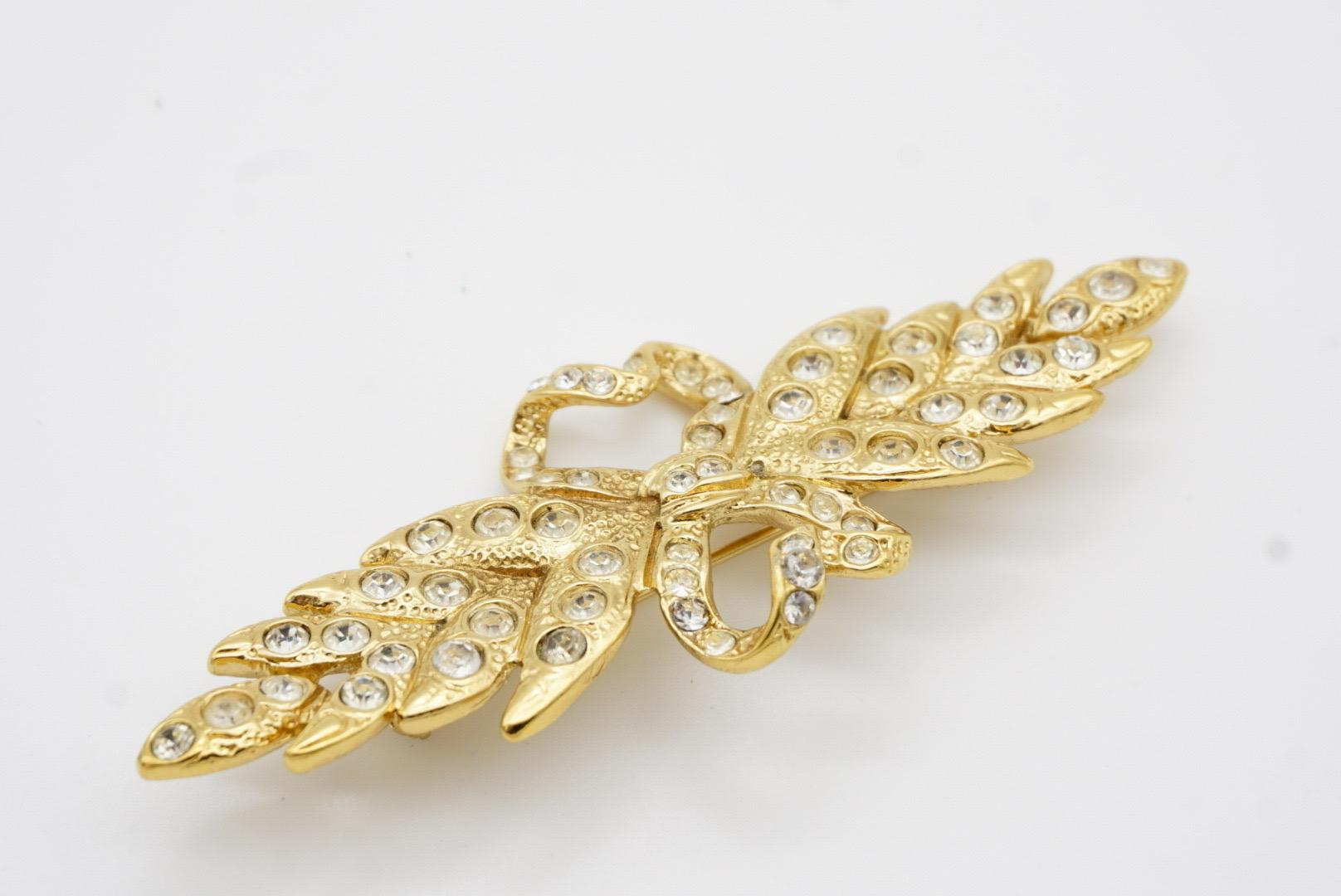 Yves Saint Laurent YSL Vintage Long Leaf Feather Bow Heart Crystals Gold Brooch 8