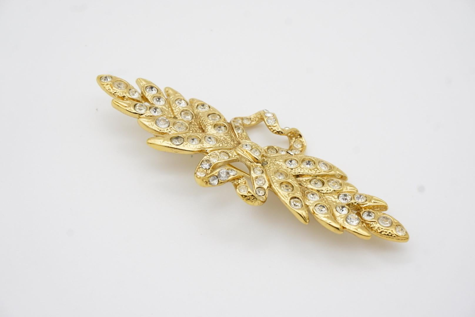 Yves Saint Laurent YSL Vintage Long Leaf Feather Bow Heart Crystals Gold Brooch 9