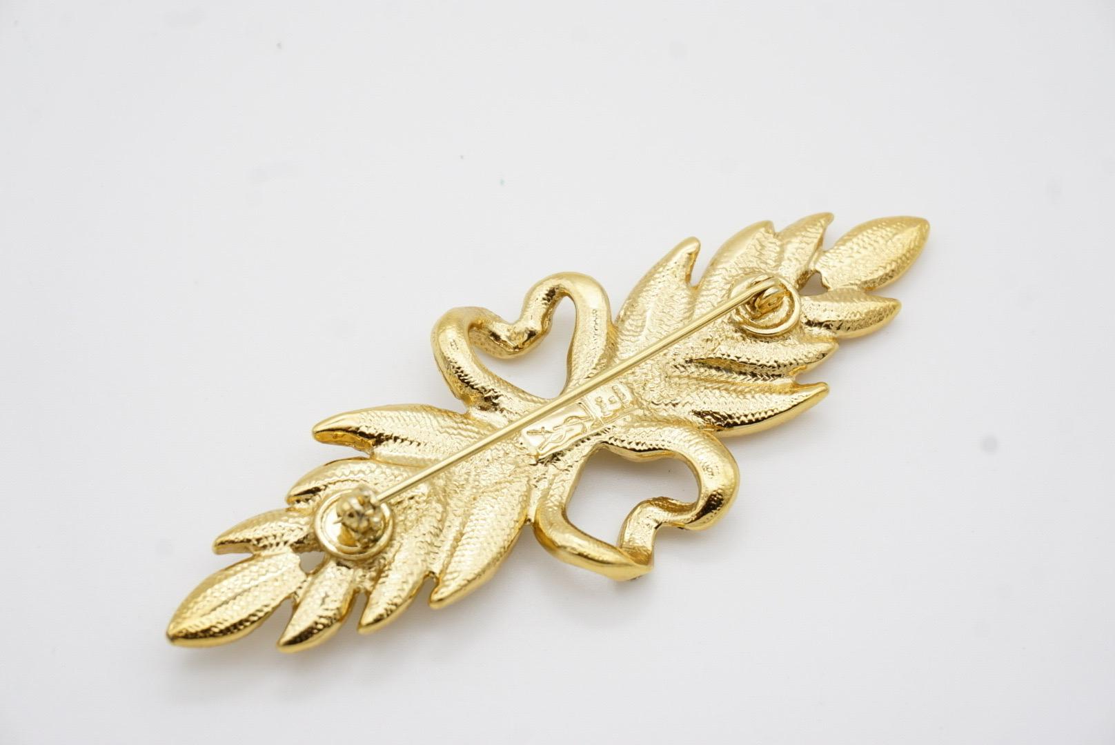 Yves Saint Laurent YSL Vintage Long Leaf Feather Bow Heart Crystals Gold Brooch 10