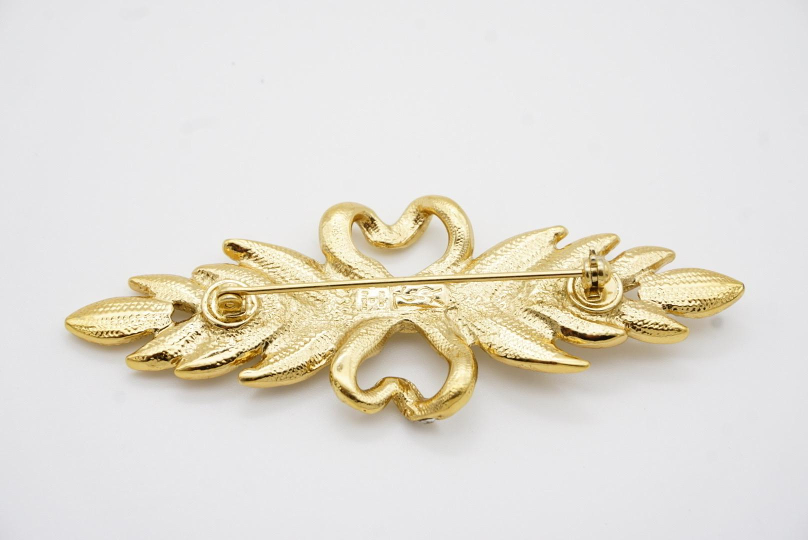 Yves Saint Laurent YSL Vintage Long Leaf Feather Bow Heart Crystals Gold Brooch For Sale 11