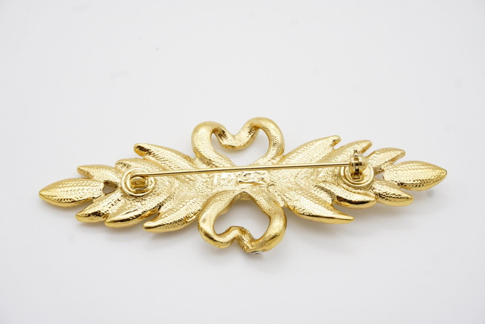 Yves Saint Laurent YSL Vintage Long Leaf Feather Bow Heart Crystals Gold Brooch 11