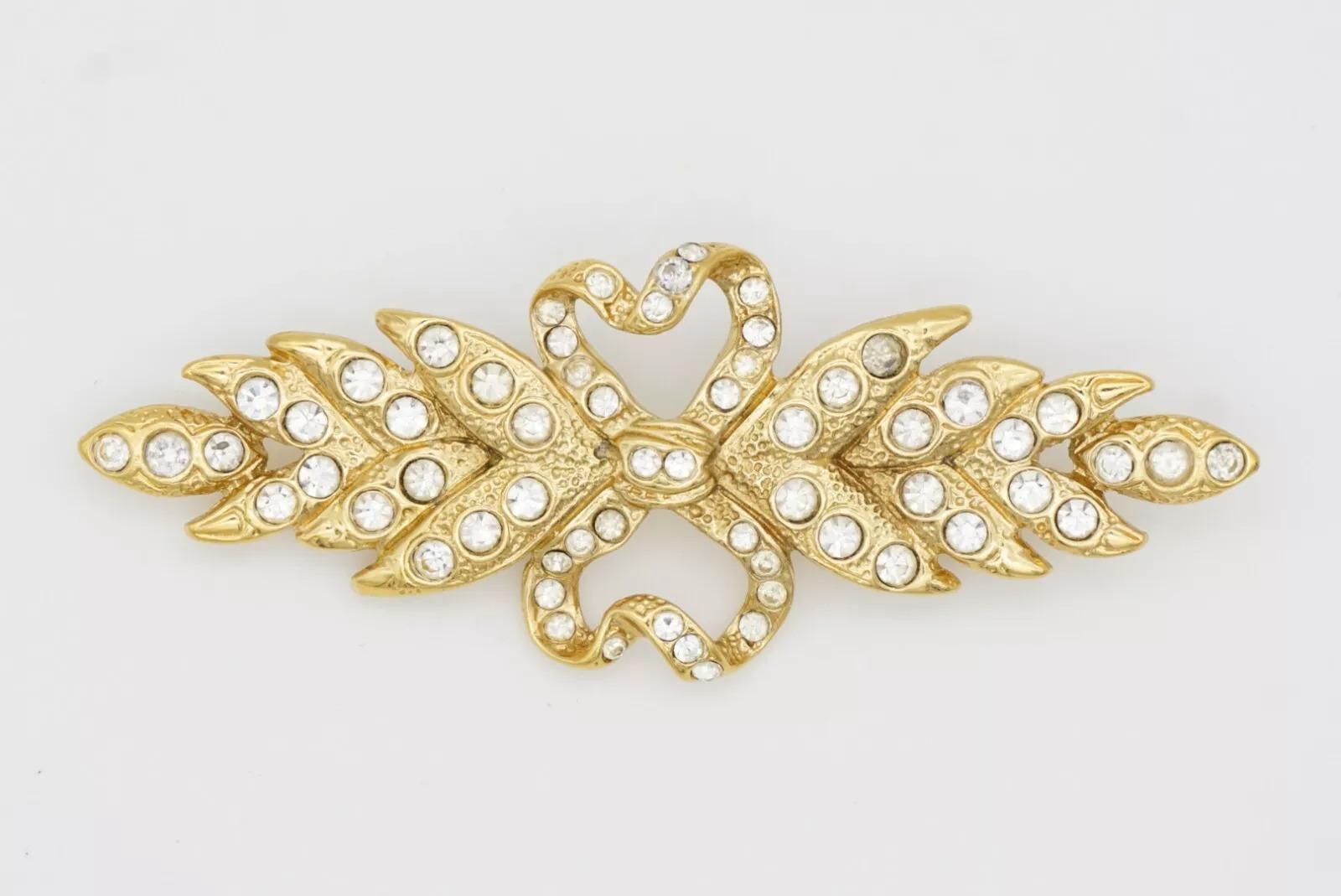 Yves Saint Laurent YSL Vintage Long Leaf Feather Bow Heart Crystals Gold Brooch 12