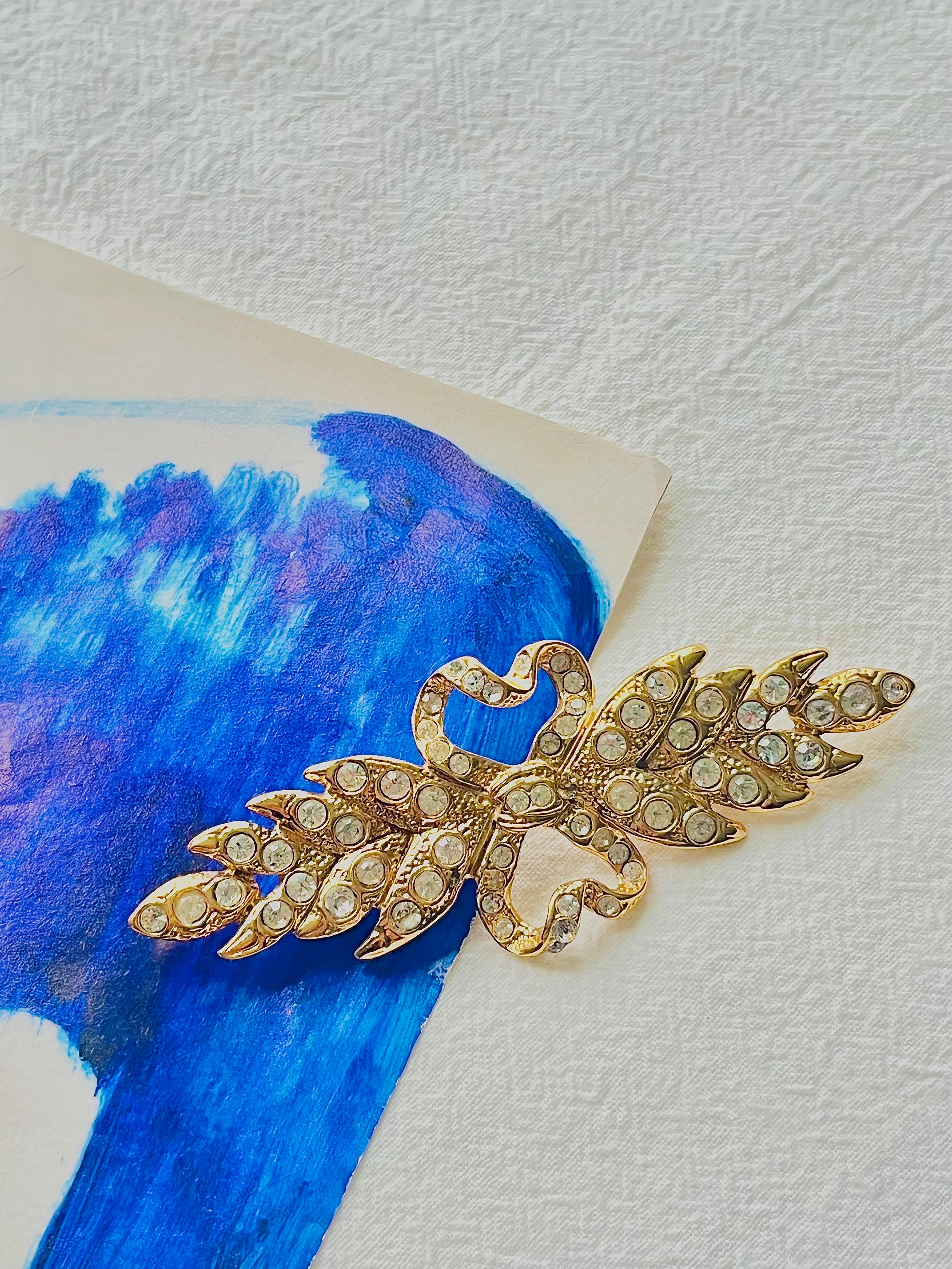 Baroque Yves Saint Laurent YSL Vintage Long Leaf Feather Bow Heart Crystals Gold Brooch