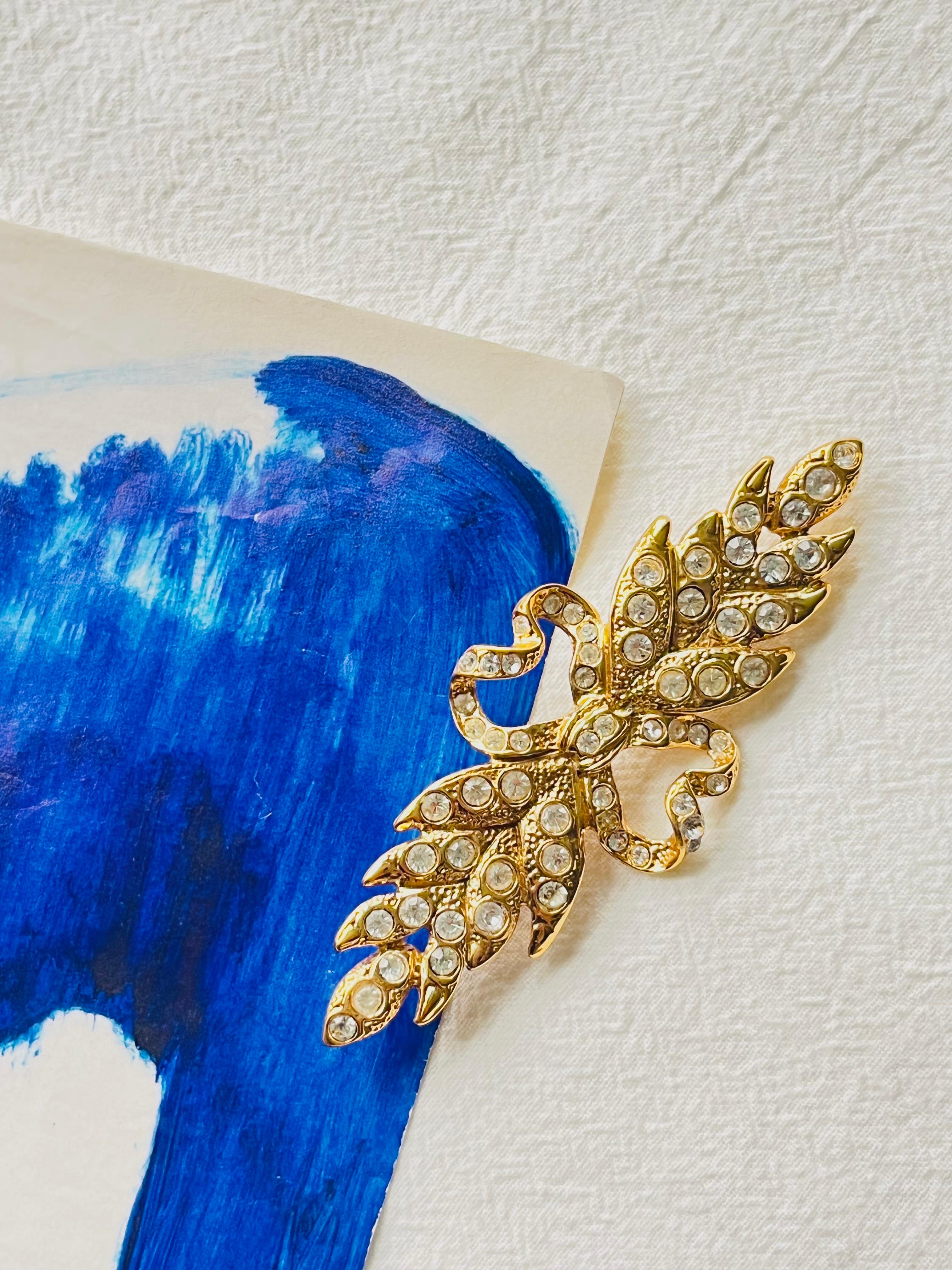 Yves Saint Laurent YSL Vintage Long Leaf Feather Bow Heart Crystals Gold Brooch In Excellent Condition In Wokingham, England