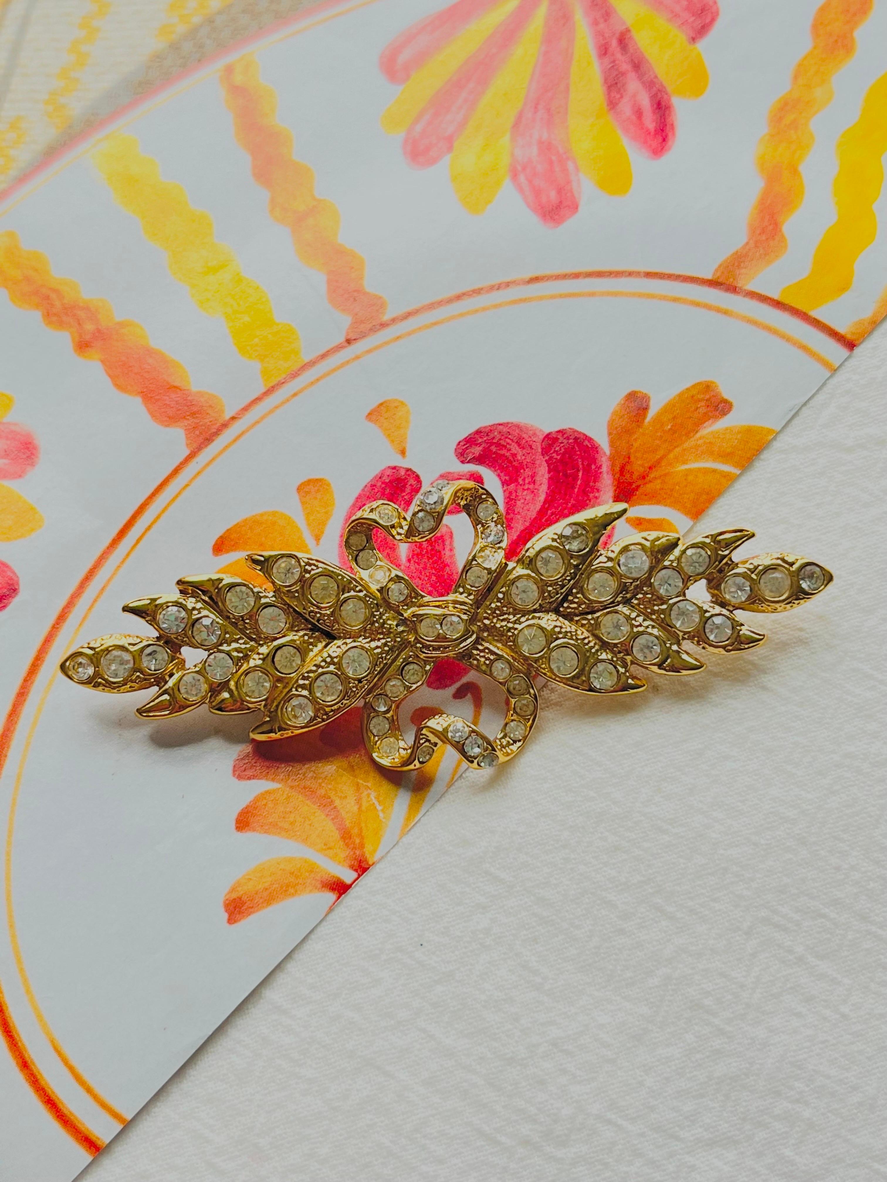 Women's or Men's Yves Saint Laurent YSL Vintage Long Leaf Feather Bow Heart Crystals Gold Brooch