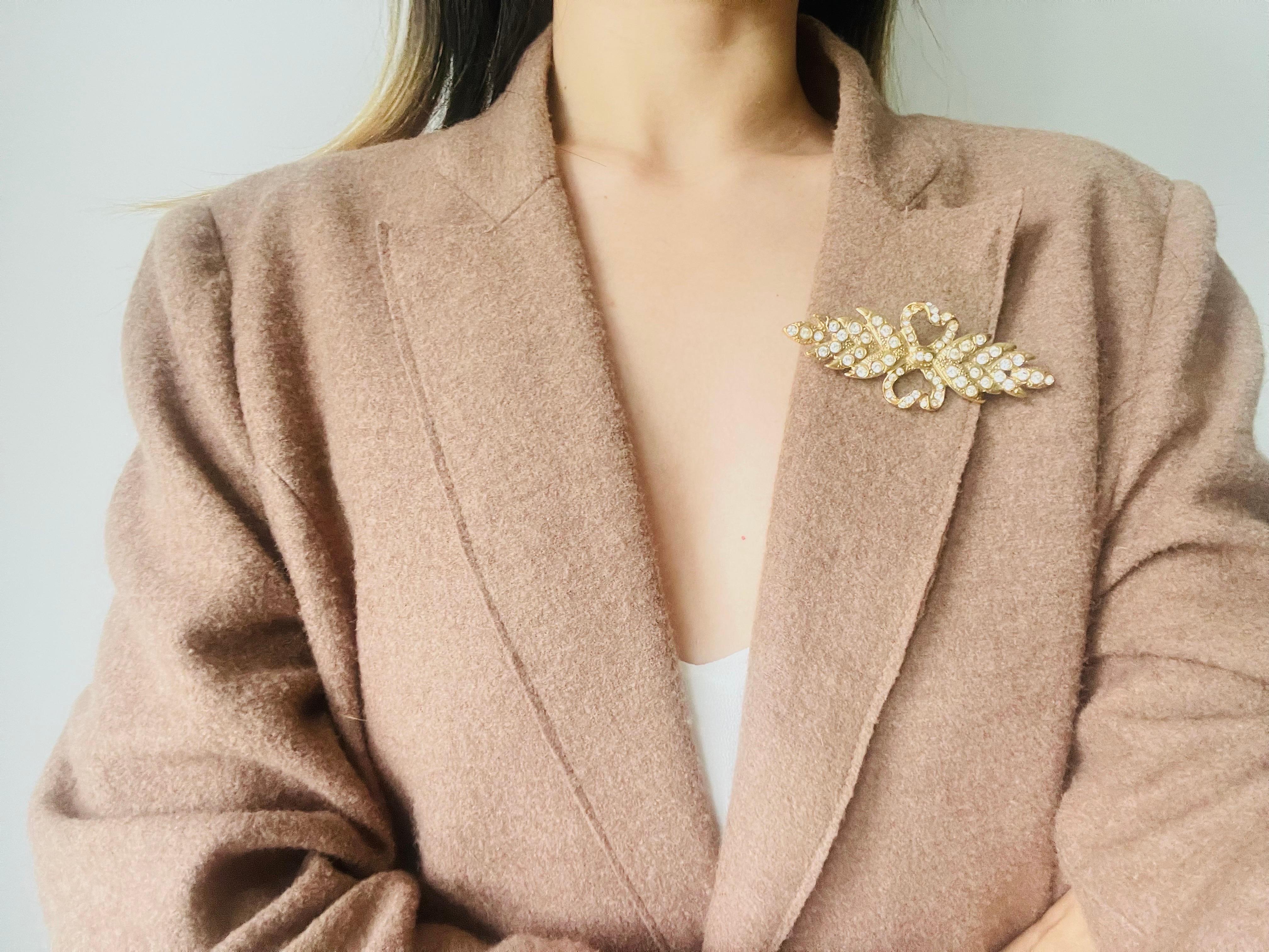 Yves Saint Laurent YSL Vintage Long Leaf Feather Bow Heart Crystals Gold Brooch 3