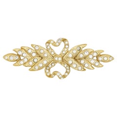 Yves Saint Laurent YSL Retro Long Leaf Feather Bow Heart Crystals Gold Brooch