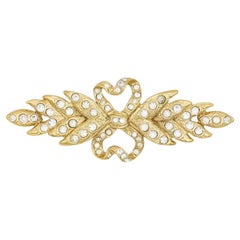 Yves Saint Laurent YSL Vintage Long Leaf Feather Bow Heart Crystals Gold Brooch