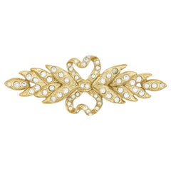 Yves Saint Laurent YSL Vintage Long Leaf Feather Bow Heart Crystals Gold Brooch