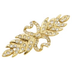 Yves Saint Laurent YSL Vintage Langes Blatt Feder Schleife Herz Kristalle Gold Brosche