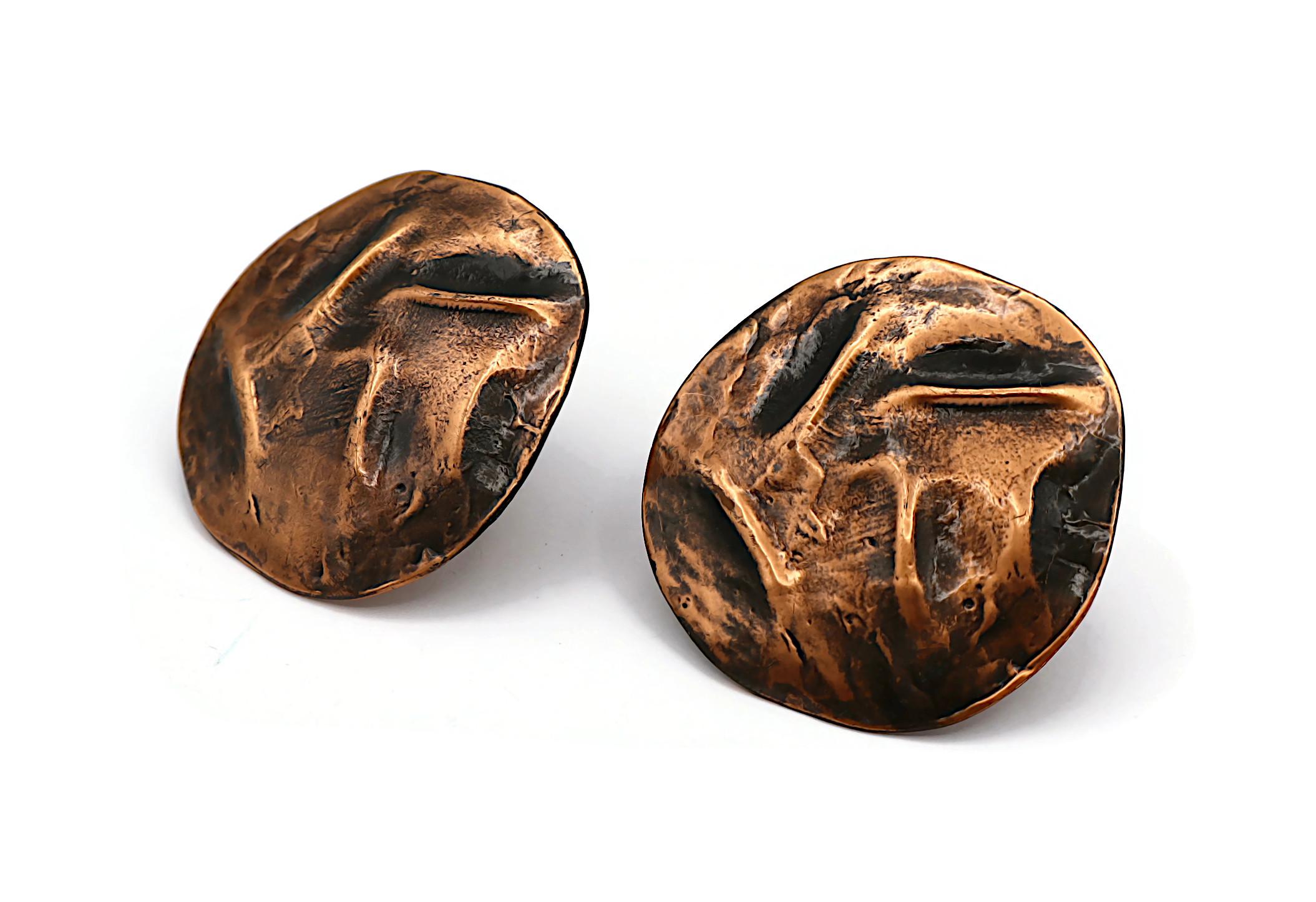 YVES SAINT LAURENT YSL Vintage Massive Antiqued Copper Tone Clip-On Earrings For Sale 1