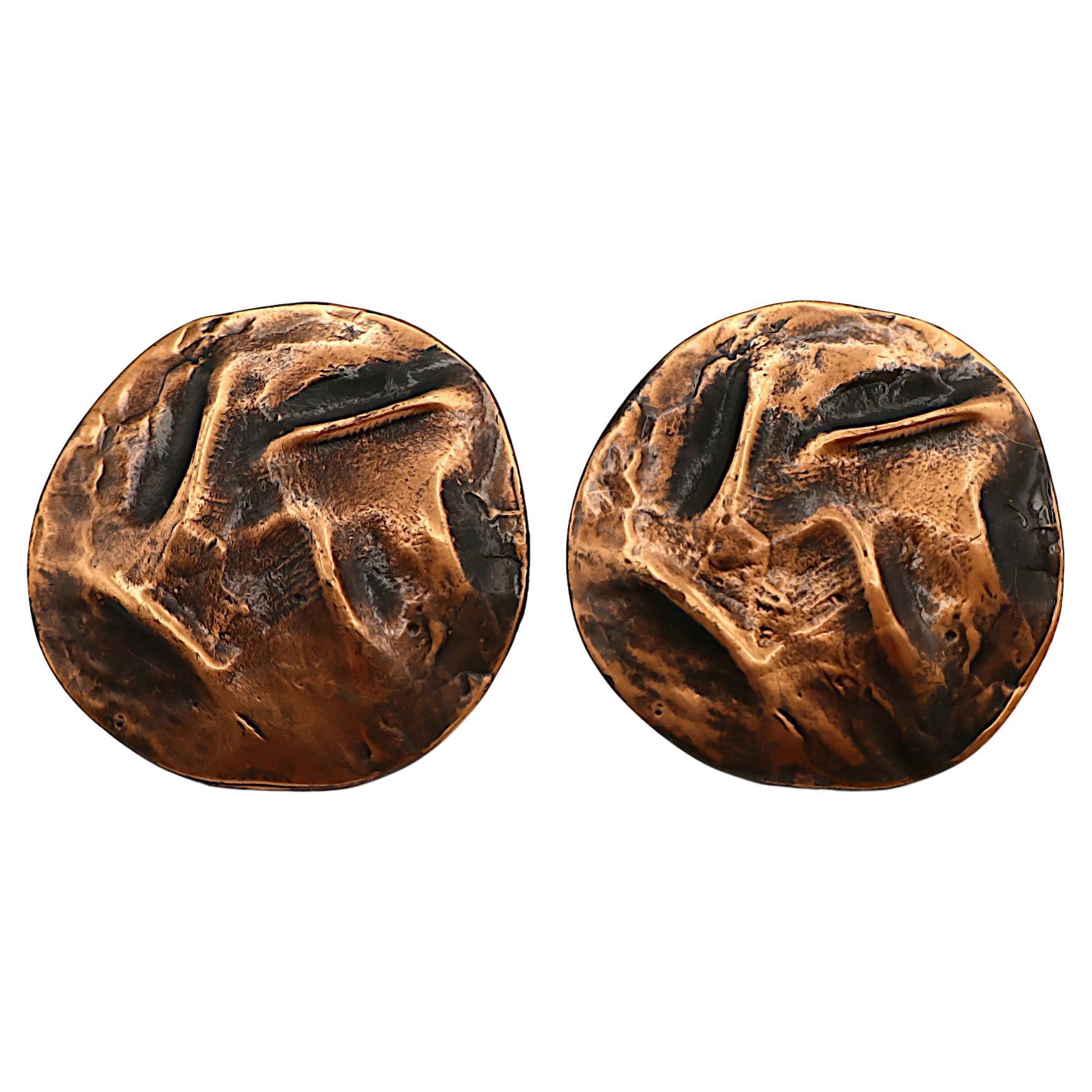 YVES SAINT LAURENT YSL Vintage Massive Antiqued Copper Tone Clip-On Earrings For Sale