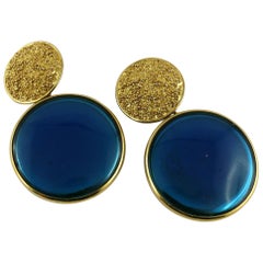 Yves Saint Laurent YSL Boucles d'oreilles pendantes vintage avec disques bleus massifs
