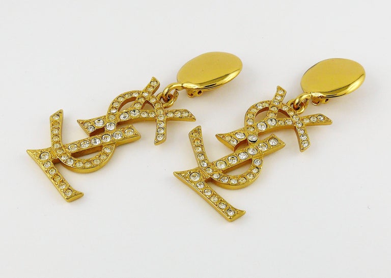 Yves Saint Laurent YSL Vintage Massive Diamante Logo Dangling Earrings
