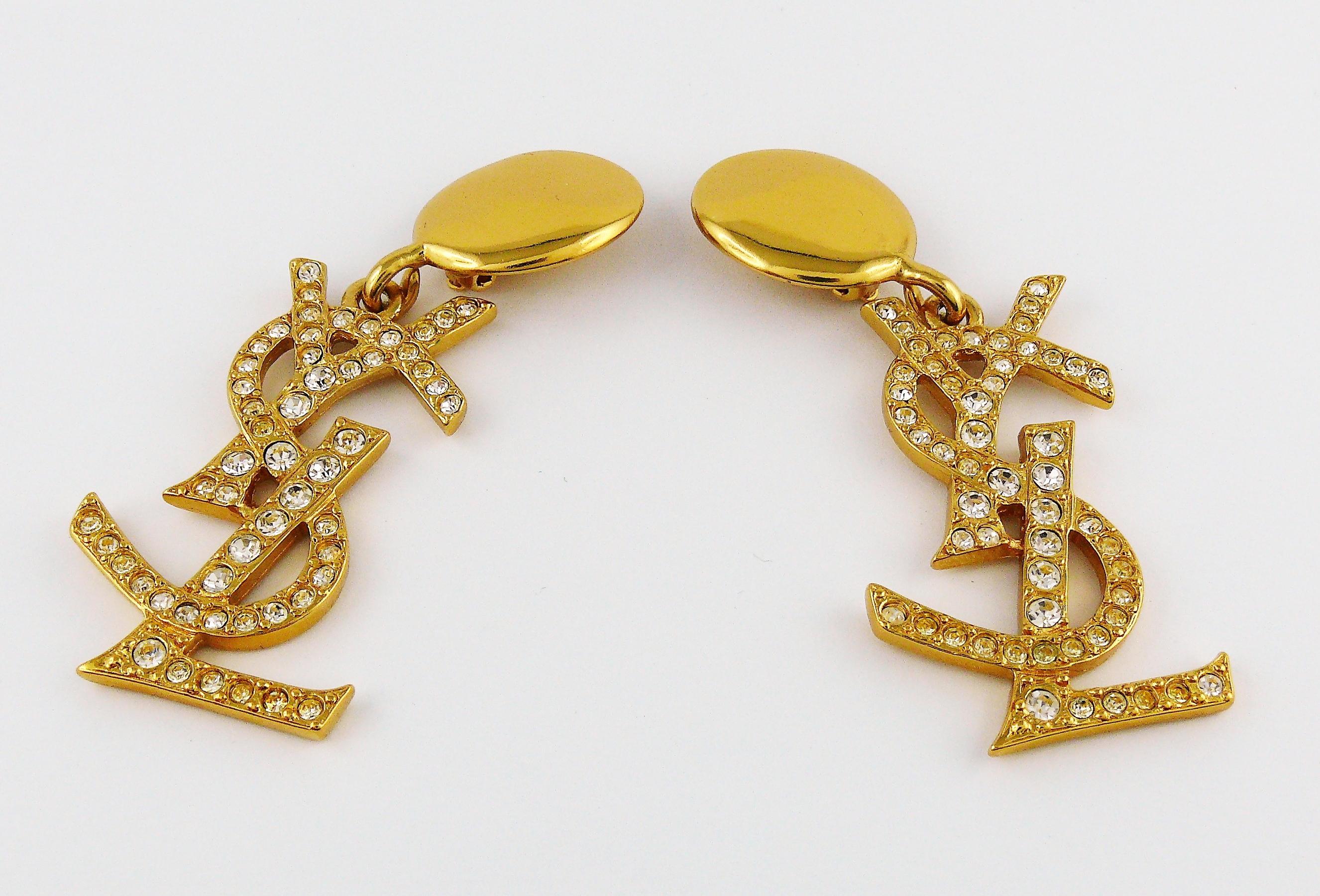 Yves Saint Laurent YSL Vintage Massive Diamante Logo Dangling Earrings In Excellent Condition In Nice, FR