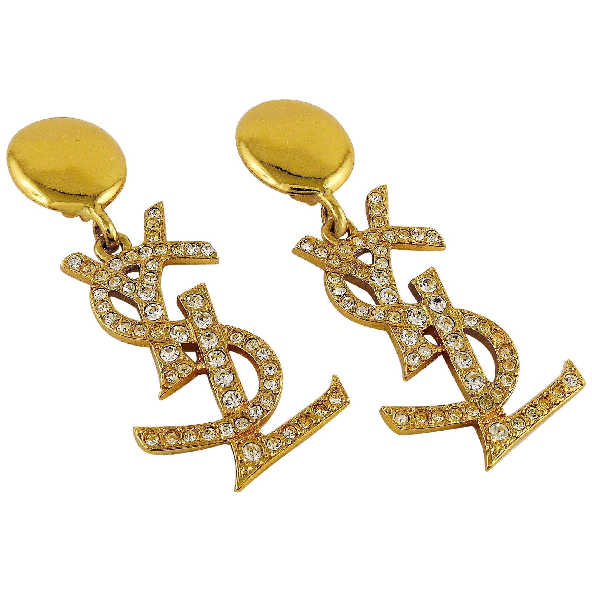Yves Saint Laurent YSL Vintage Massive Diamante Logo Dangling Earrings