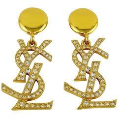 Boucles d'oreilles pendantes Yves Saint Laurent YSL Vintage Massive Diamante Logo avec logo
