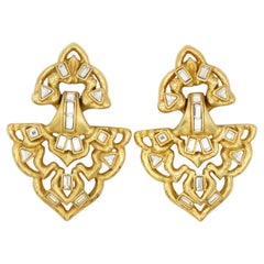Yves Saint Laurent YSL Vintage Massive Door Knocker Crystals Drop Clip Earrings