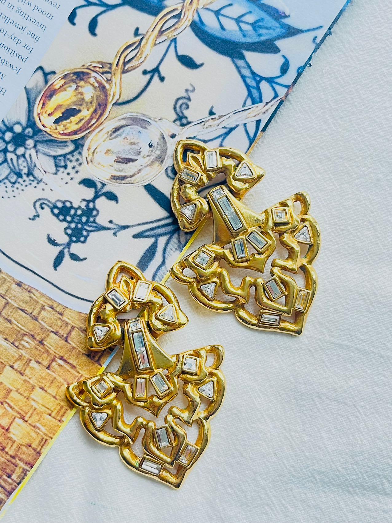 Yves Saint Laurent YSL Vintage Massive Door Knocker Crystals Gold Clip Earrings In Good Condition In Wokingham, England