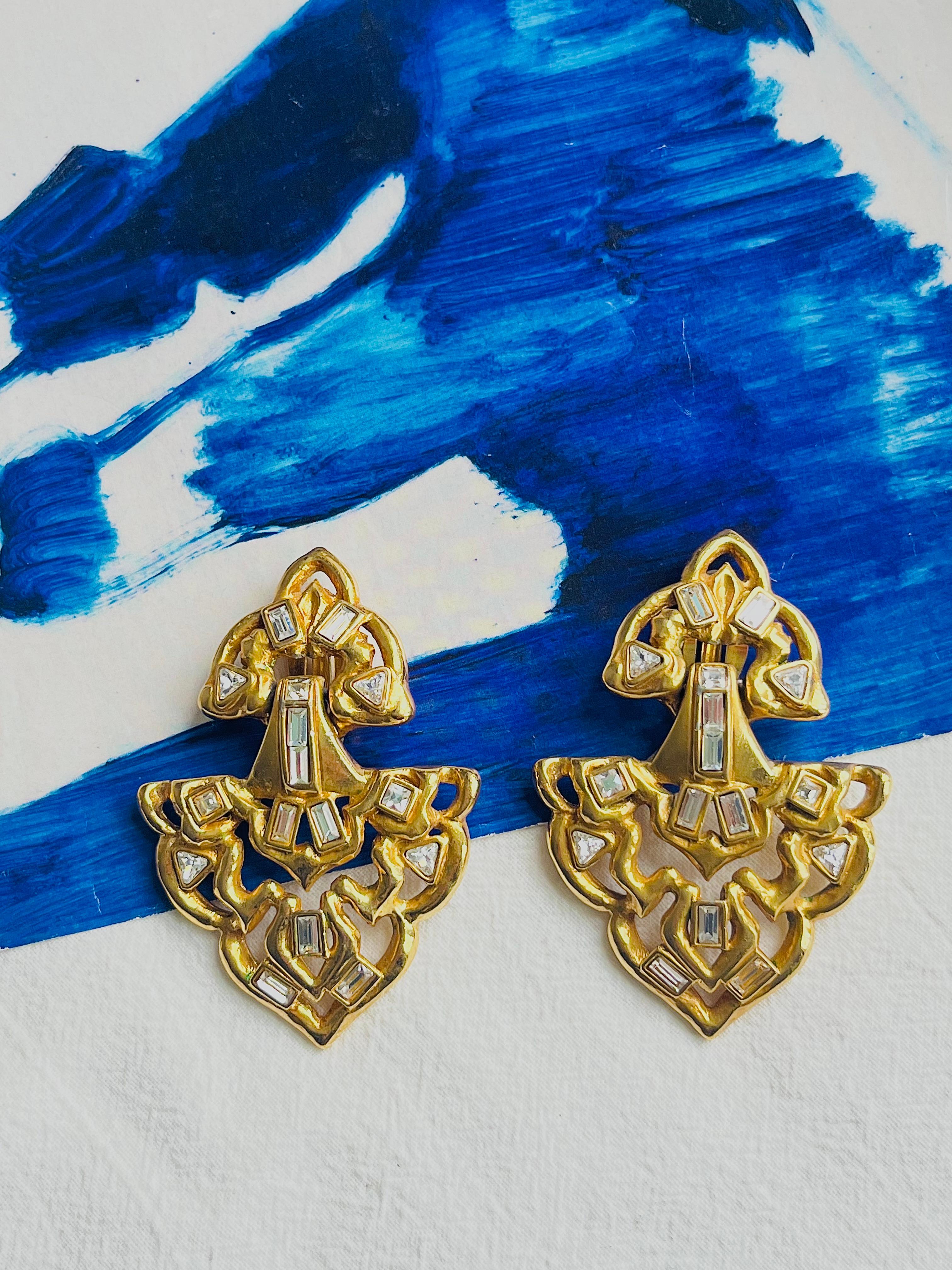 Yves Saint Laurent YSL Vintage Massive Door Knocker Crystals Gold Clip Earrings 1