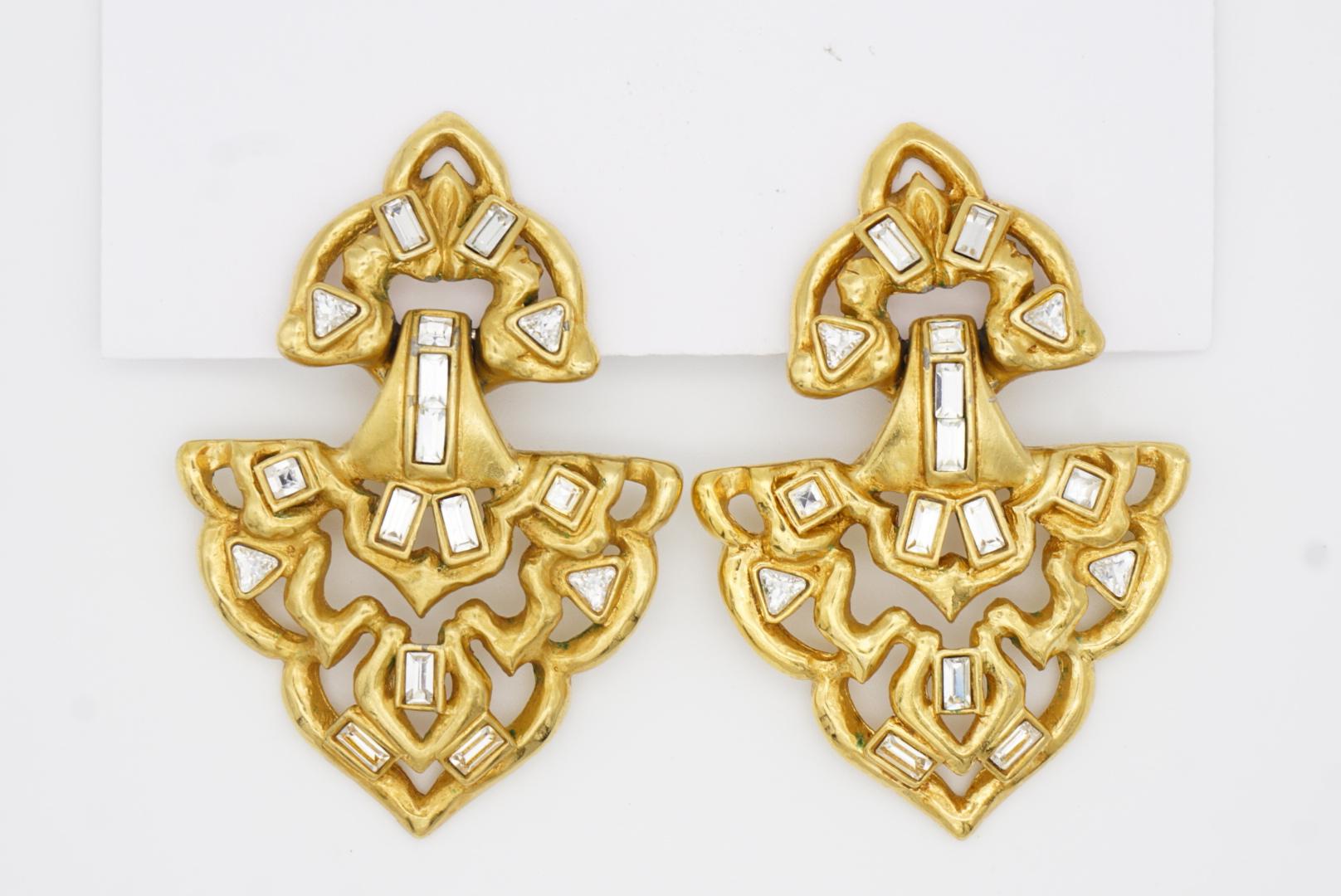 Yves Saint Laurent YSL Vintage Massive Door Knocker Crystals Gold Clip Earrings For Sale 4