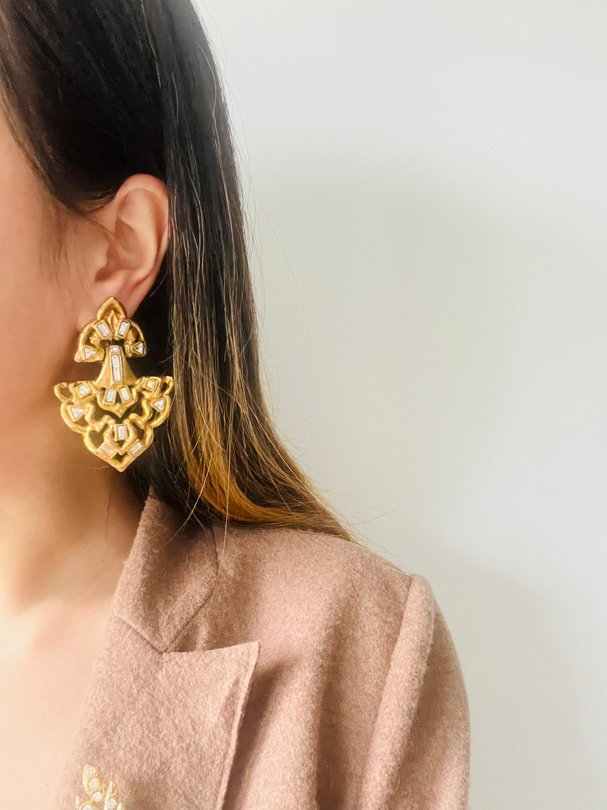 Yves Saint Laurent YSL Vintage Massive Door Knocker Crystals Gold Clip Earrings 4