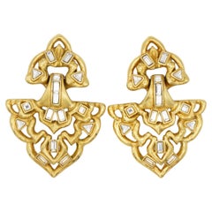 Yves Saint Laurent YSL Vintage Massive Door Knocker Crystals Gold Clip Earrings