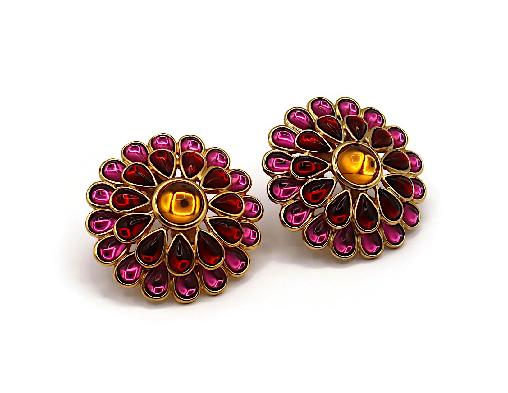 YVES SAINT LAURENT YSL Vintage Massive Blume Glas Cabochon Clip-On Ohrringe im Zustand „Gut“ im Angebot in Nice, FR