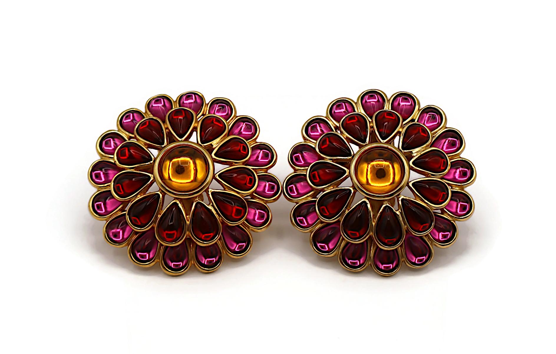 YVES SAINT LAURENT YSL Vintage Massive Blume Glas Cabochon Clip-On Ohrringe Damen im Angebot