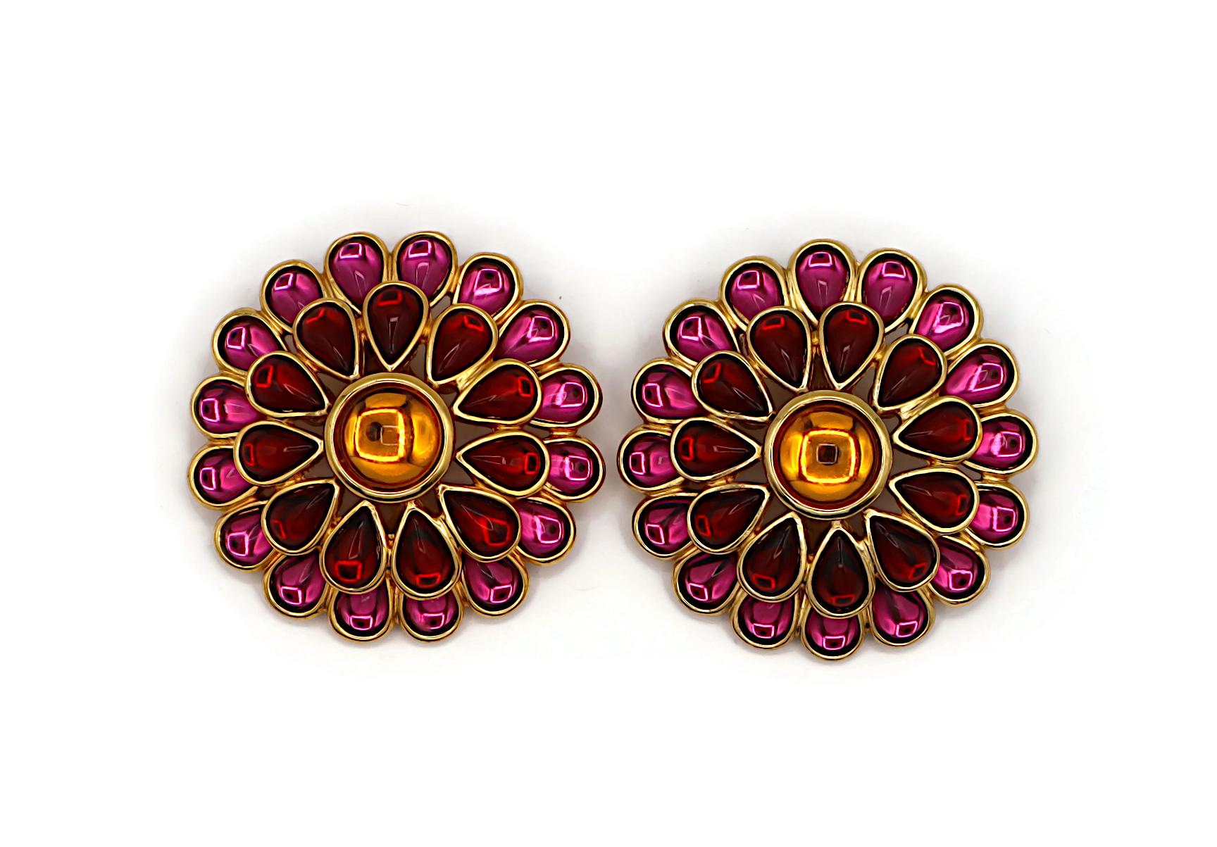 YVES SAINT LAURENT YSL Vintage Massive Blume Glas Cabochon Clip-On Ohrringe im Angebot 2