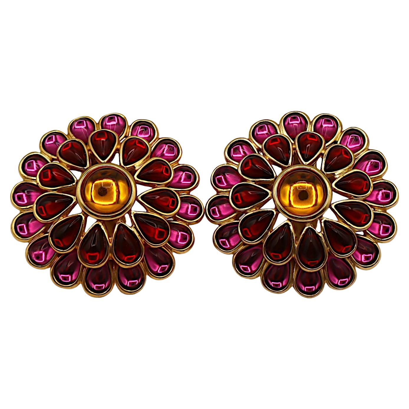 YVES SAINT LAURENT YSL Vintage Massive Flower Glass Cabochon Clip-On Earrings