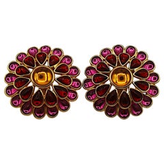 YVES SAINT LAURENT YSL Vintage Massive Flower Glass Cabochon Clip-On Earrings