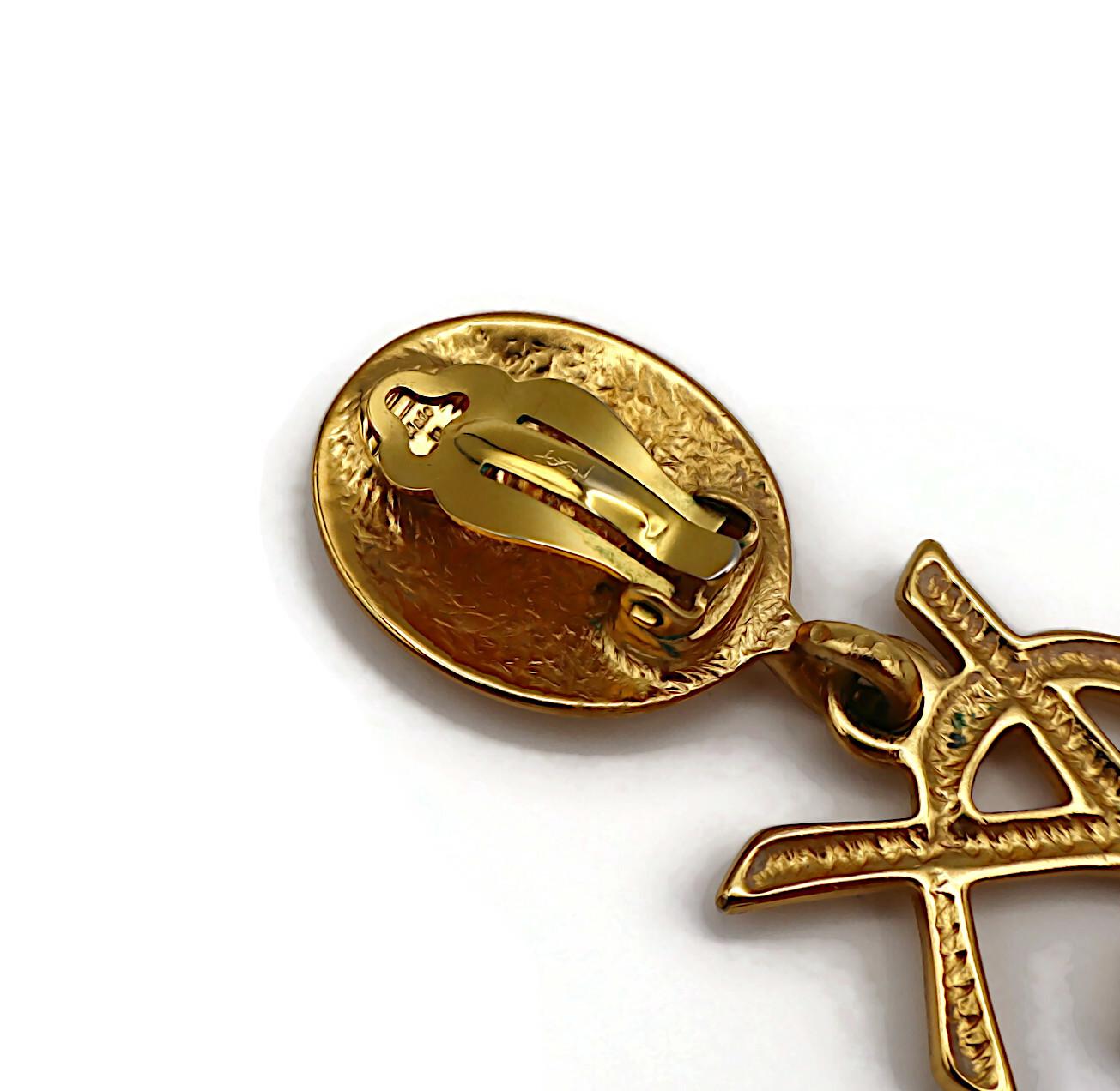 YVES SAINT LAURENT YSL Vintage Massive Gold Tone Iconic Logo Dangling Earrings For Sale 7
