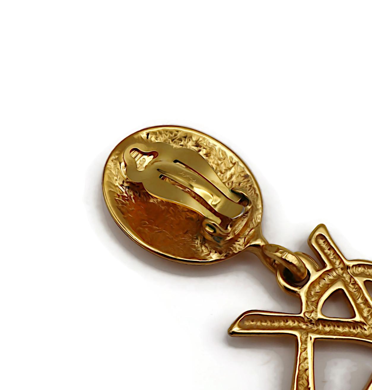 YVES SAINT LAURENT YSL Vintage Massive Gold Tone Iconic Logo Dangling Earrings 8