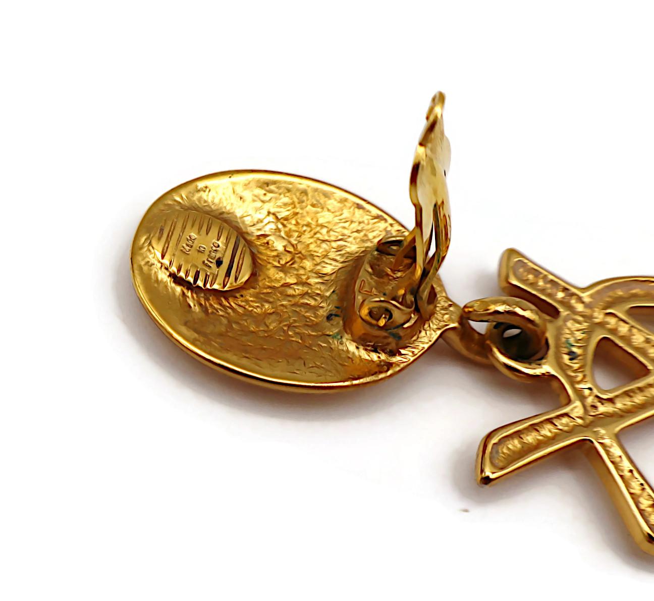 YVES SAINT LAURENT YSL Vintage Massive Gold Tone Iconic Logo Dangling Earrings 10