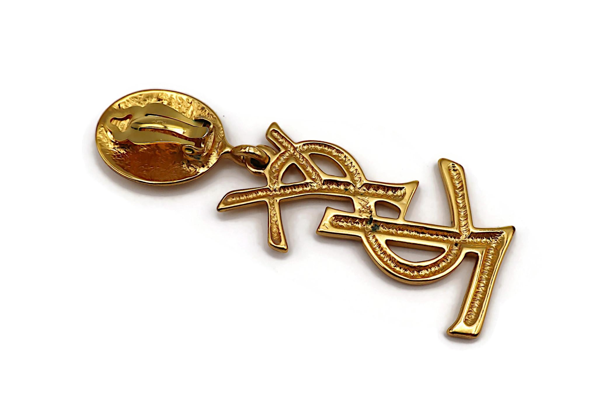 YVES SAINT LAURENT YSL Vintage Massive Gold Tone Iconic Logo Dangling Earrings For Sale 11