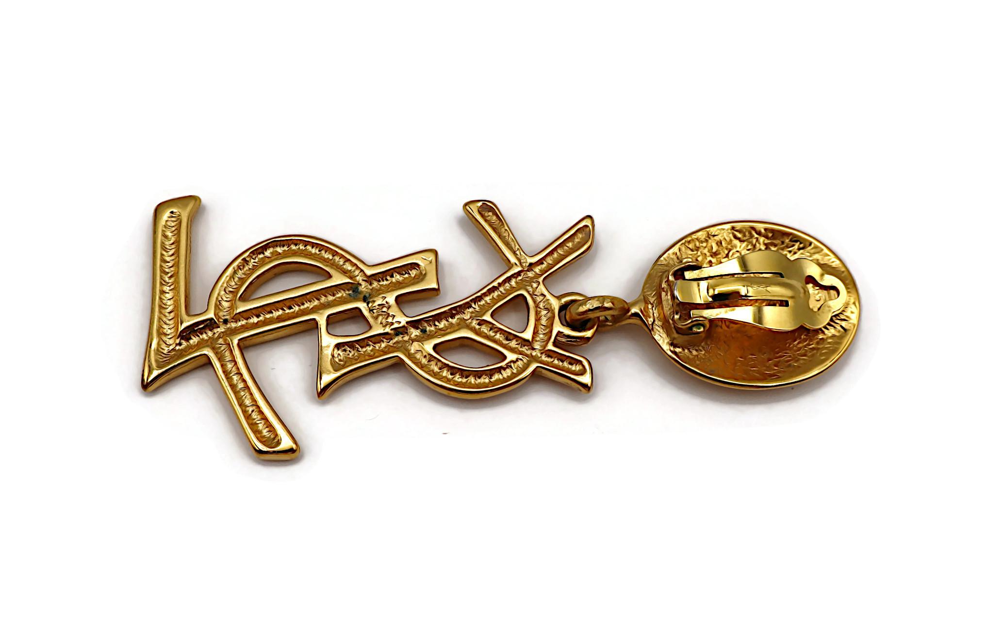 YVES SAINT LAURENT YSL Vintage Massive Gold Tone Iconic Logo Dangling Earrings 12