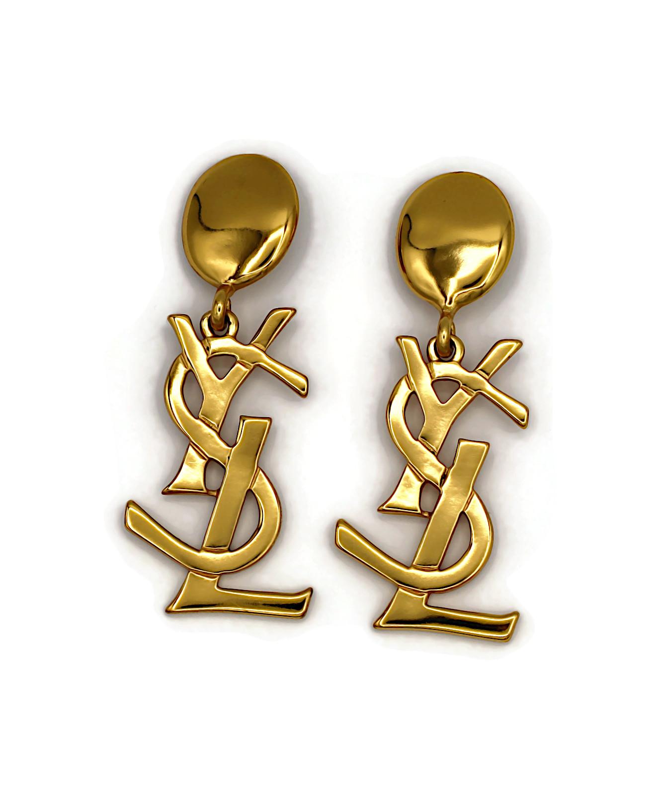 Women's YVES SAINT LAURENT YSL Vintage Massive Gold Tone Iconic Logo Dangling Earrings For Sale