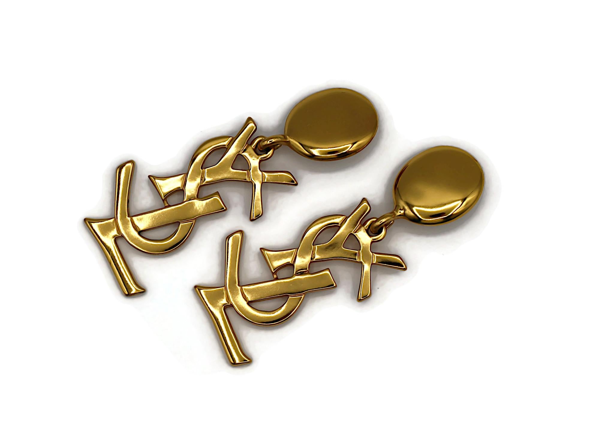 YVES SAINT LAURENT YSL Vintage Massive Gold Tone Iconic Logo Dangling Earrings For Sale 1