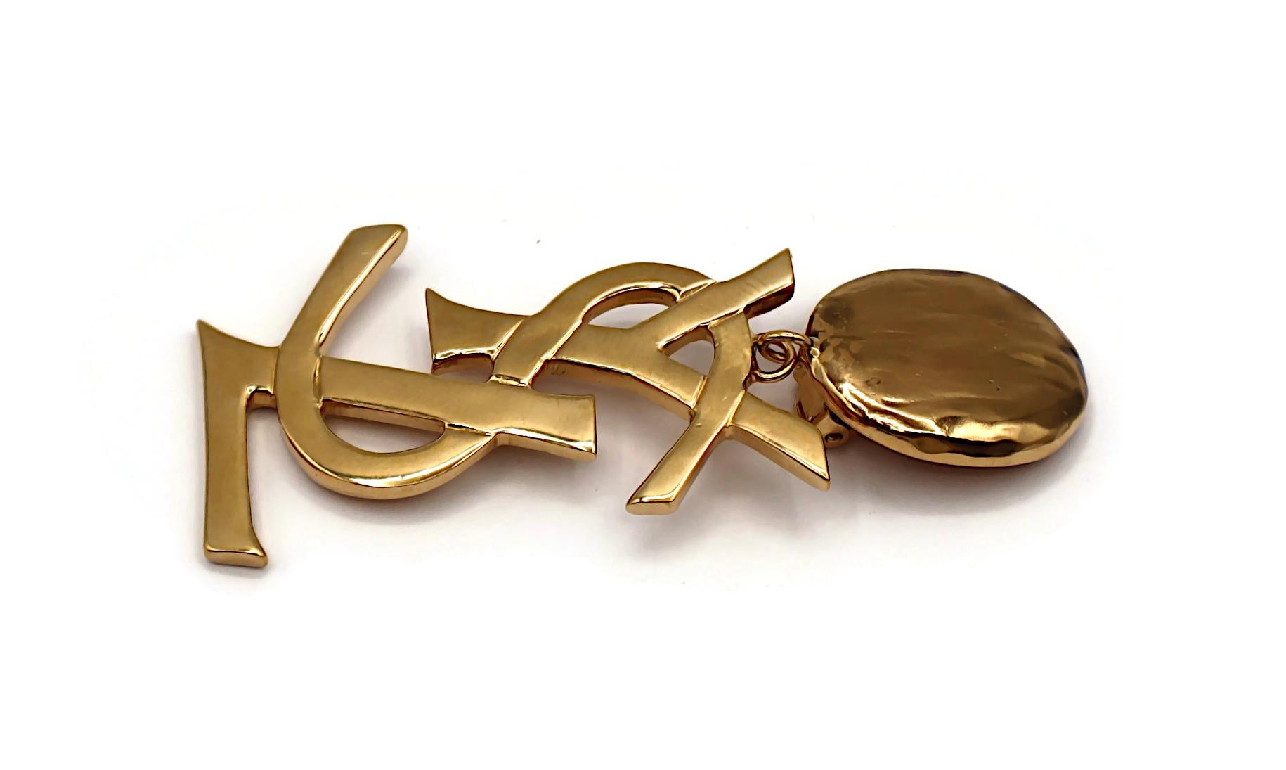 YVES SAINT LAURENT YSL Vintage Massive Gold Tone Iconic Logo Dangling Earrings For Sale 1