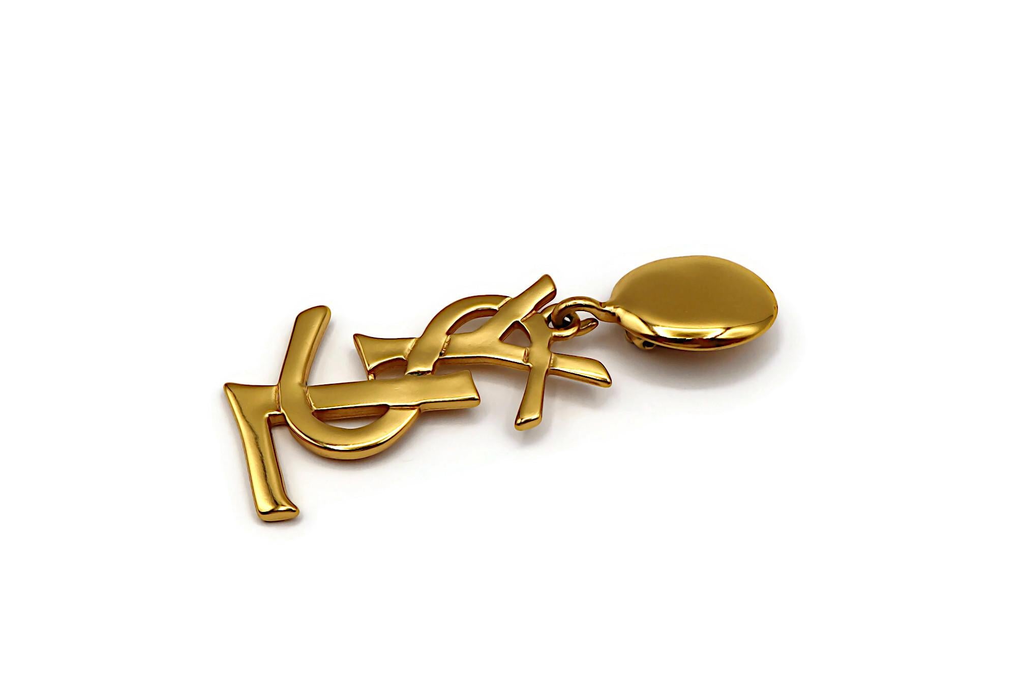 YVES SAINT LAURENT YSL Vintage Massive Gold Tone Iconic Logo Dangling Earrings 3