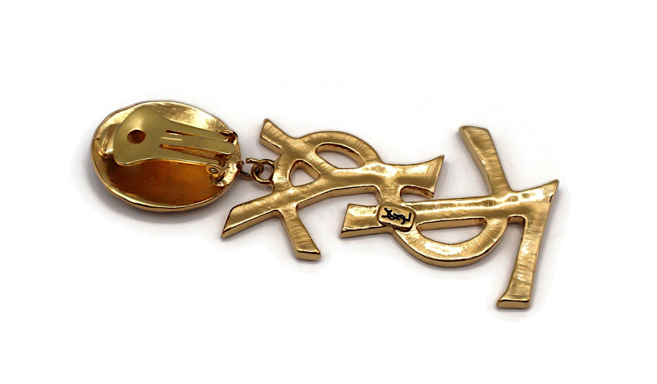 YVES SAINT LAURENT YSL Vintage Massive Gold Tone Iconic Logo Dangling Earrings For Sale 2
