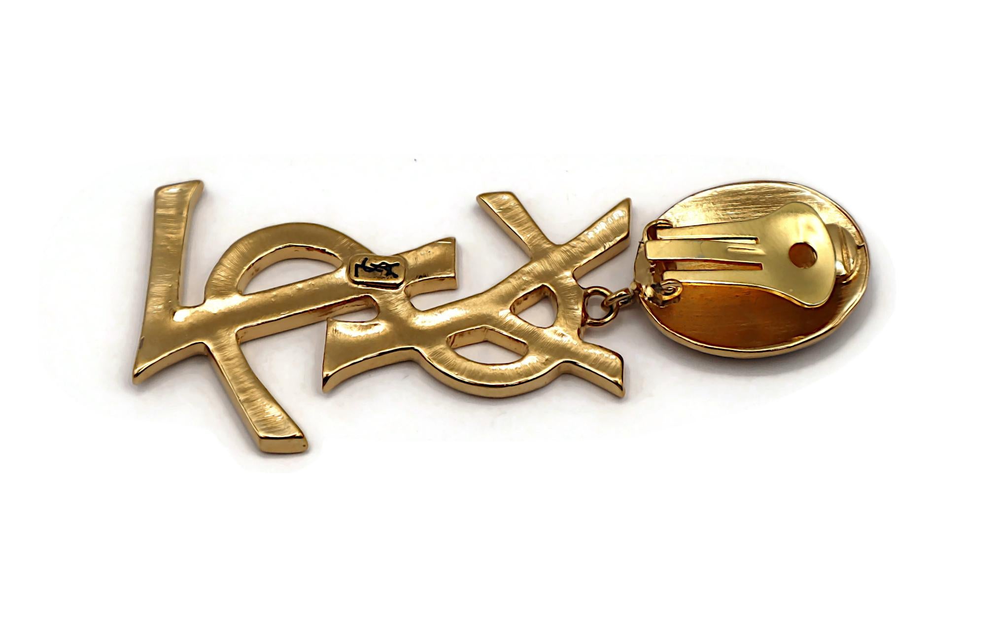 YVES SAINT LAURENT YSL Vintage Massive Gold Tone Iconic Logo Dangling Earrings For Sale 3