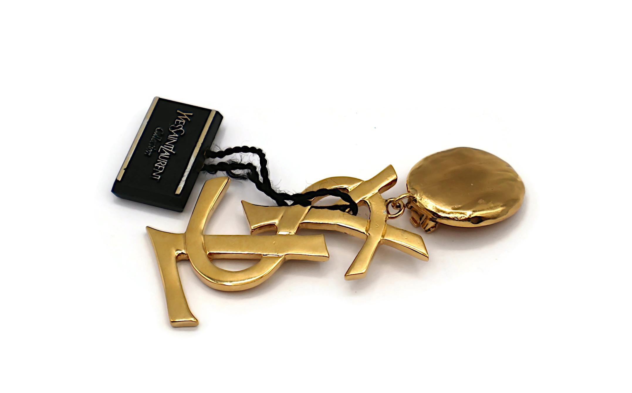YVES SAINT LAURENT YSL Vintage Massive Gold Tone Iconic Logo Dangling Earrings For Sale 4