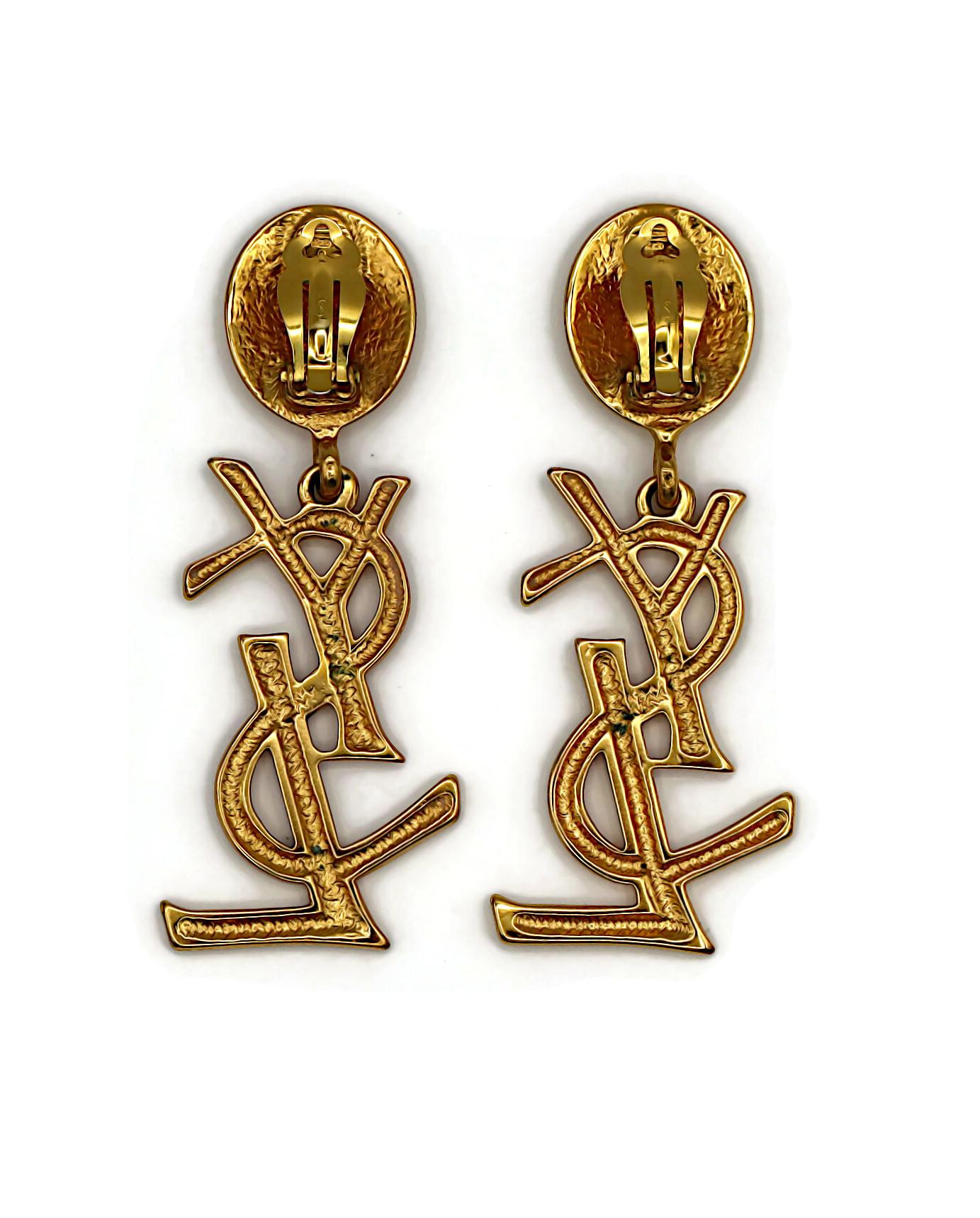 YVES SAINT LAURENT YSL Vintage Massive Gold Tone Iconic Logo Dangling Earrings For Sale 6